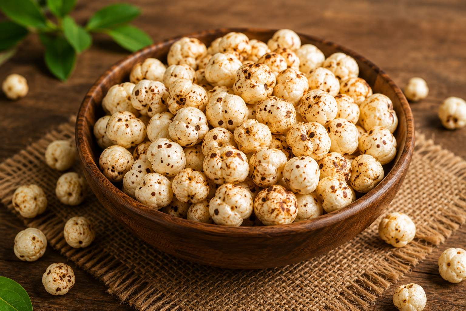 Seasoned makhana in a wooden bowl